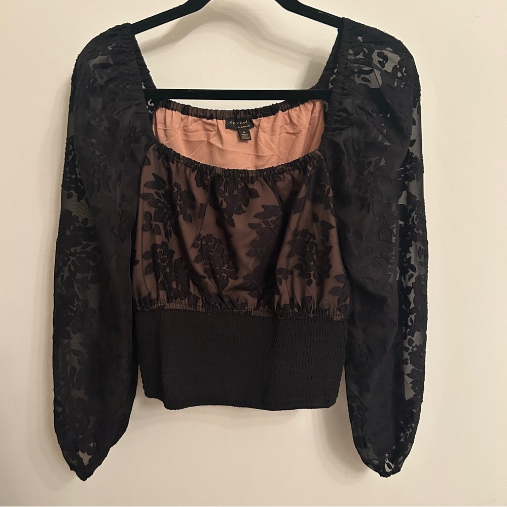 Anthropologie Black and Tan Fitted Sheer Blouse NEW WITH TAGS